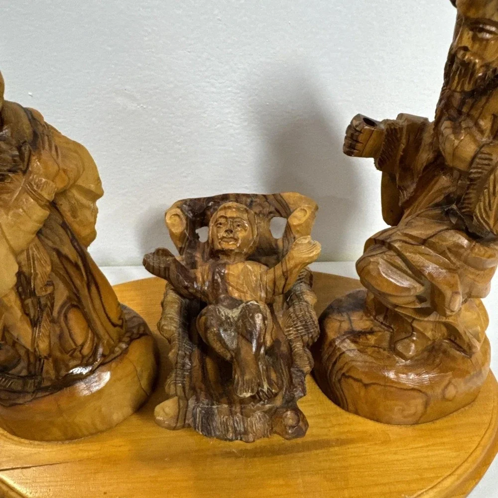 Hand Carved Olive Wood Nativity Scene Holy Family Manger Set on Wooden Base